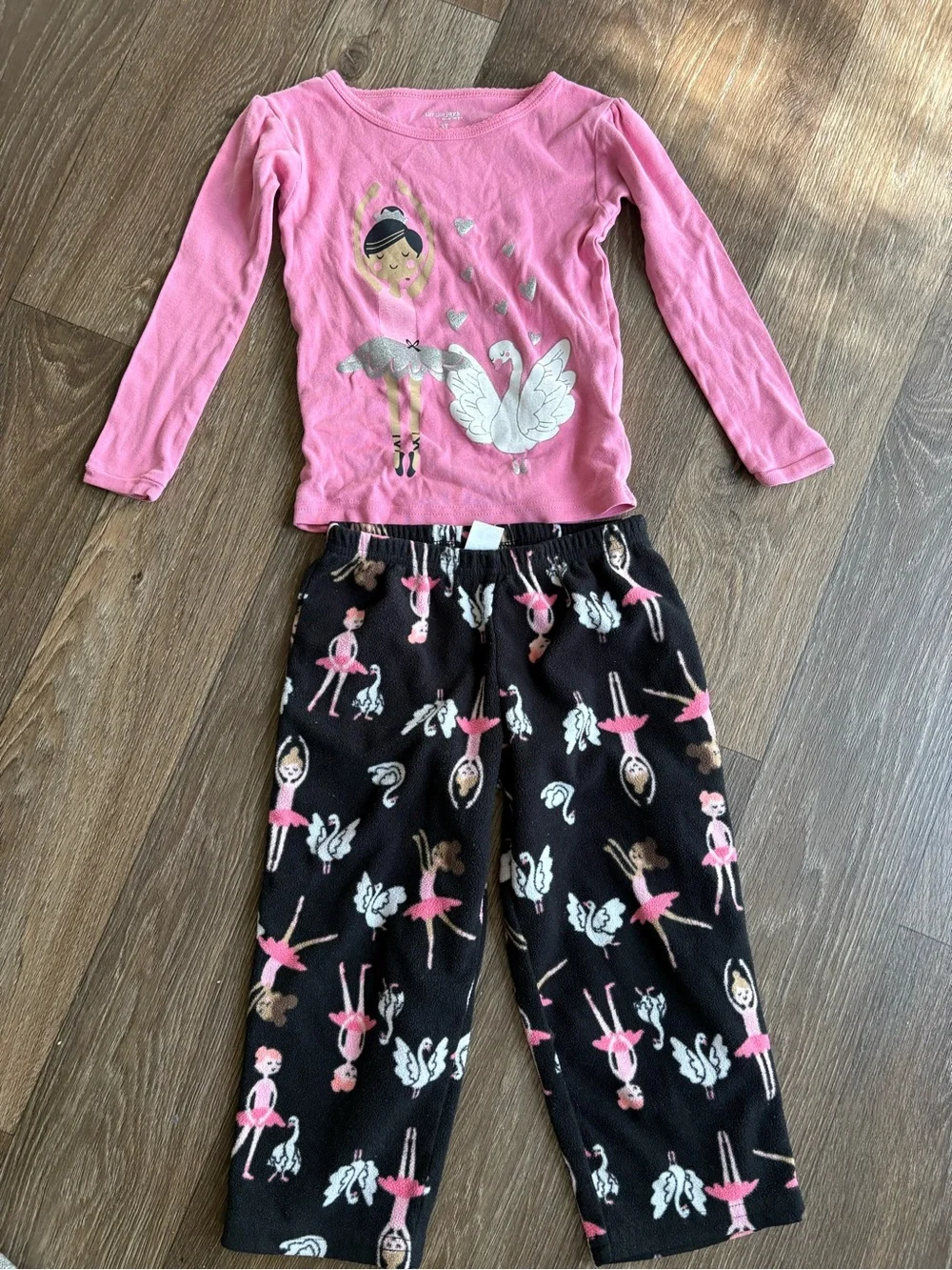 Kids Pink Ballerina Pajama Set - Long Sleeve Top & Fleece Pants